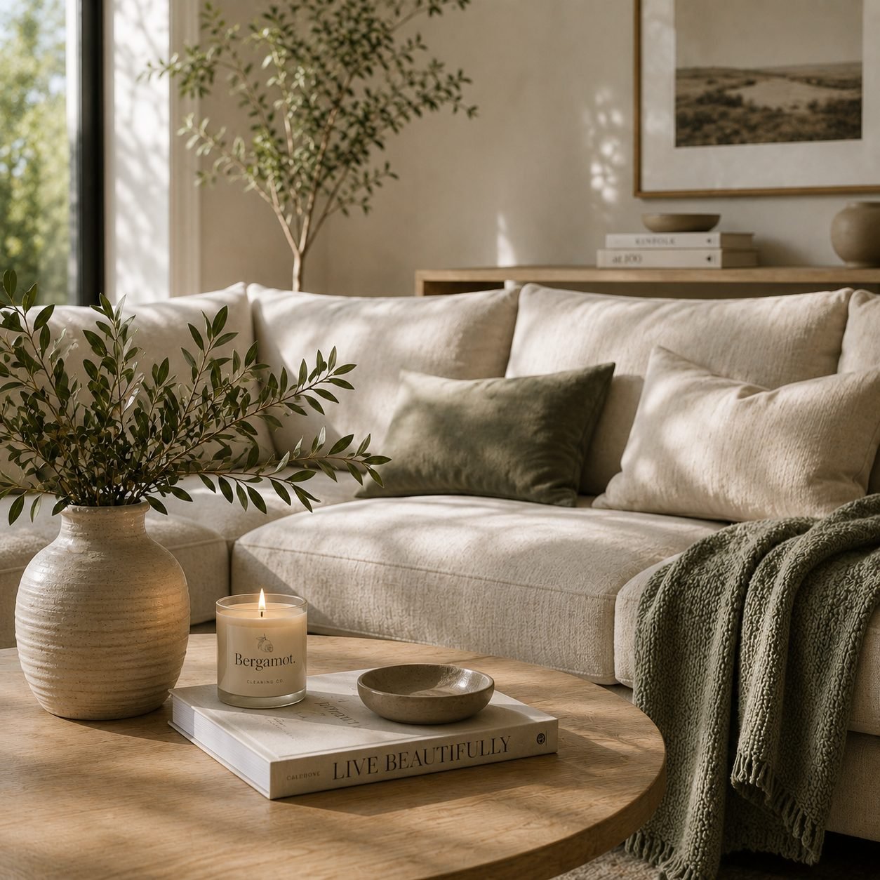 A calm, tidy living room with linen, olive branches and a Bergamot candle