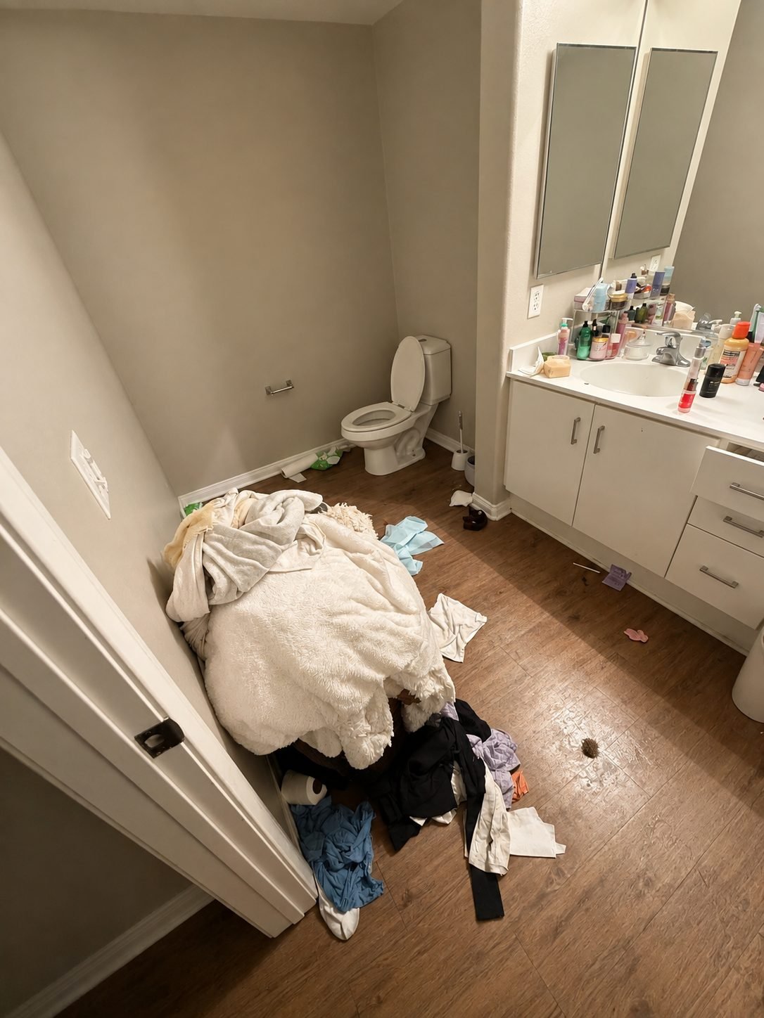 A cluttered bathroom before Bergamot. cleaned it